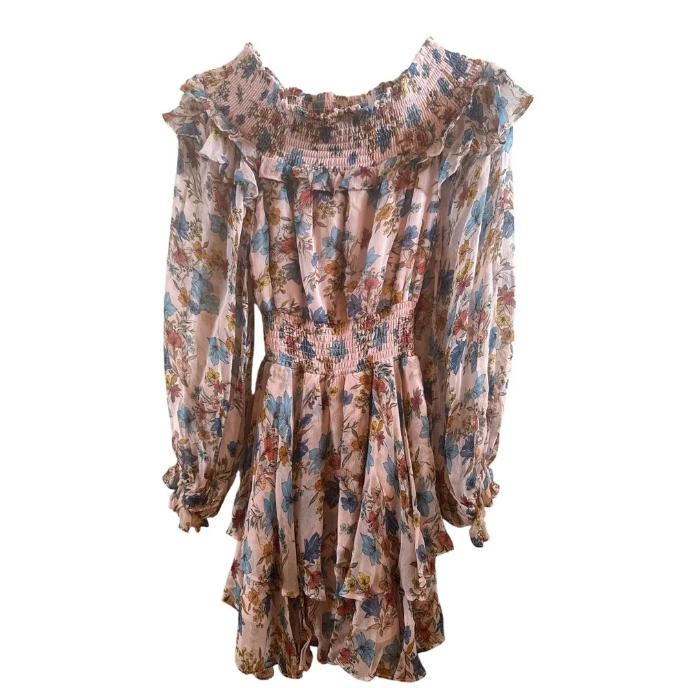 Gilner Farrar Pink Floral Mini Dress Off The Shoulder Ruffled Neckline Size XS‎